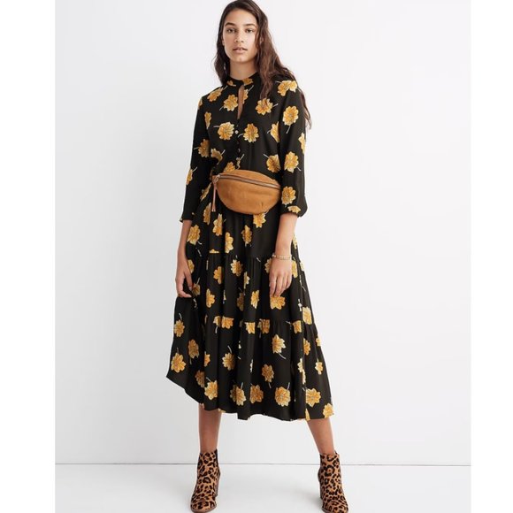 Madewell Dresses & Skirts - Madewell Black Yellow Fall Flowers Button-Front Tier Midi Dress Size M